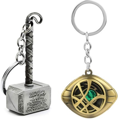ZYZTA Metal Silver Thor Hammer & Golden Doctor strange Eye Marvel keychains, Pack of 2 Key Chain
