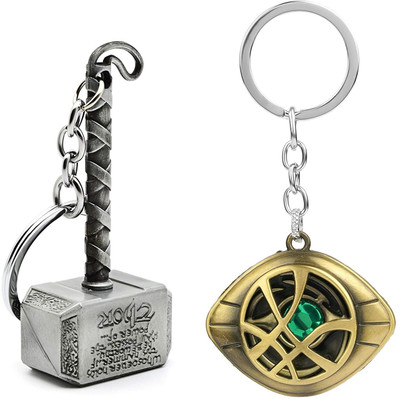 ZYZTA Metal Silver Thor Hammer & Golden Doctor strange Eye Marvel keychains, Pack of 2 Key Chain