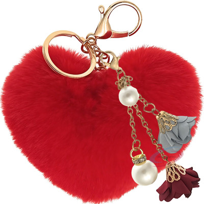 iAccessories Fluffy Faux Fur Pearl Roses Pom Pom Heart Charm Key Chain
