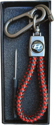 JNV Handwoven Leather Thread Keychain Compatible With Hyundai (Black And Red)Car Key Chain