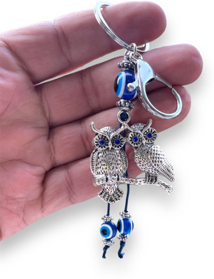 BLUE BEADS Silver Color Double Owl with Evil Eye Keyring For Bike/Car Men Women Key Chain