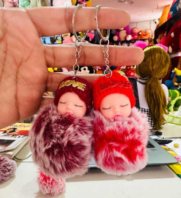AGC Cute Sleeping Baby Fur Doll Keychain Pom Pom Plush Hanging Ornament for Girl’s Key Chain