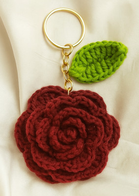 Loveandloopby MK Handmade Bright Red Crochet Rose Flower Keychain Key Chain