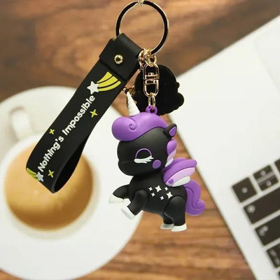 SHRI JI Pretty Black Unicorn Keychain with Strap & Rainbow Charm Key Chain