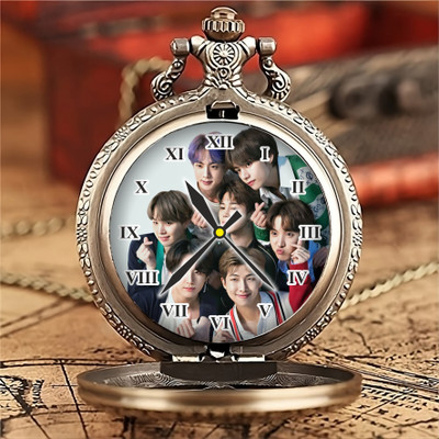 Tiny Tim BTS Army Printed Dial Vintage Pocket-Watch Gandhi Style Metallic Best Gift Key Chain