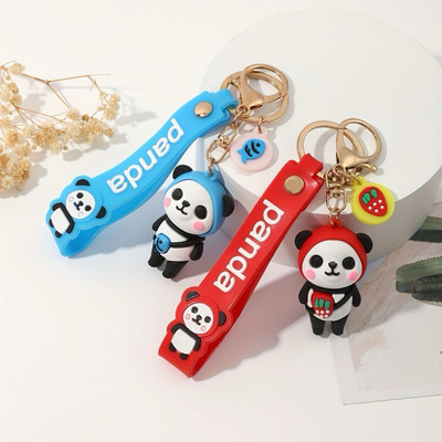 SHRI JI Cute 3D Silicone Panda Keyring with Strap Blue Red Key Chain