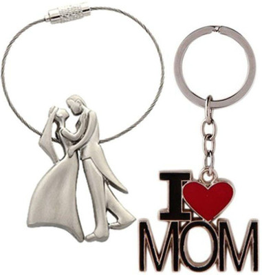 SHOKY LOOKS I Love Mom With Beautiful Couple Wire Chrome Finishing pack Of 2 Key Chain