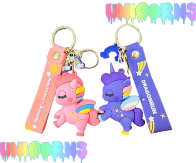 SRG PVC Unicorn Keychain with Rainbow Charm Pink and Purple Key Chain