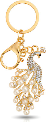 Go Vrinda Studio GVS Luxury Peacock White Pearl Keychain | Premium AD Diamond | Car, Bike & Home Key Chain