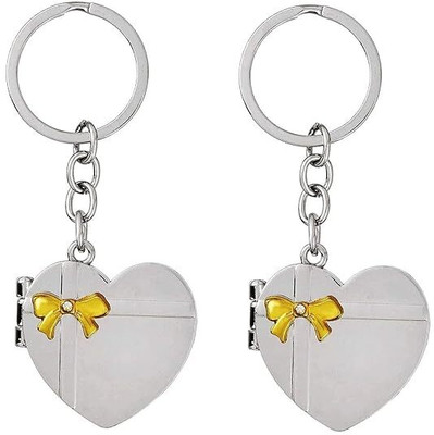 WHITE POPCORN Silver Color Heart Shape Double Photo Frame Metallic Keyring (Pack of 2) Key Chain