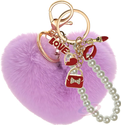 iAccessories Light Purple Heart Fur Pearl Pom Pom Keychain Charm for Girls’ Bags Key Chain