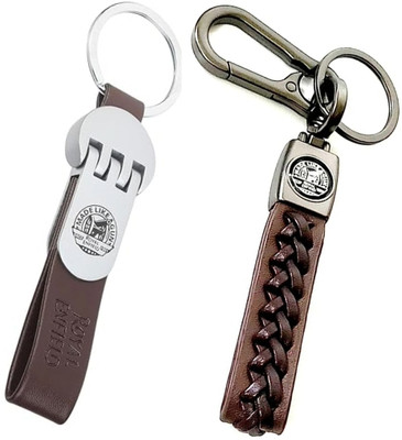 MAG BEE Styling Royal Enfield (Leather & Zigsaw - Brown) Bike Keyring Combo Pack of 2 Key Chain