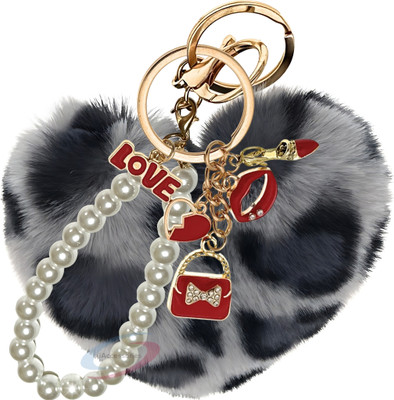 iAccessories Grey Leopard Heart Pearl Keychain Pom Pom Charm for Girls’ Bags & Wallets Key Chain