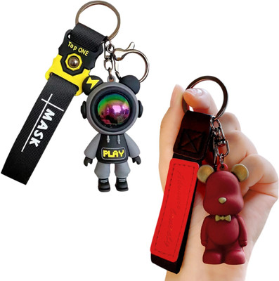 TLISMI Cute 3D Rubber Cartoon Design Keychain with Pilot Bear Strap (Pack of 2) Key Chain