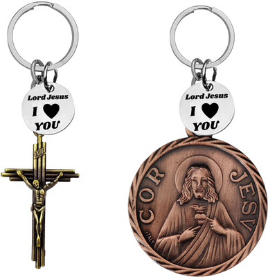 The Men Gift Jesus cross & Sacred Heart Keychains with‘Lord Jesus I Love You’Charm Com669-623 Key Chain