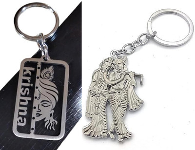 Deethyas Fashion Pack 2 Lord Krishna Radha Silver Double Sided & Krishna Flute 1mm Thick metal Key Chain