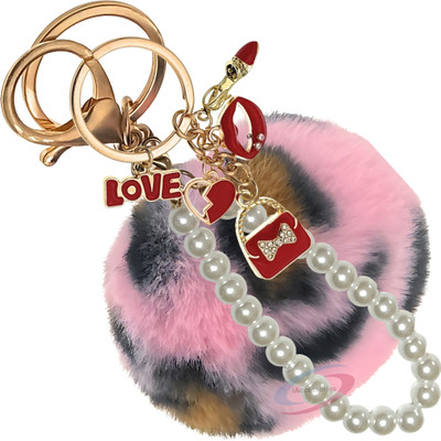 iAccessories Pink Lepo Faux Fur Pom Pom Keychain with Pearl for Bags & Luggage Key Chain