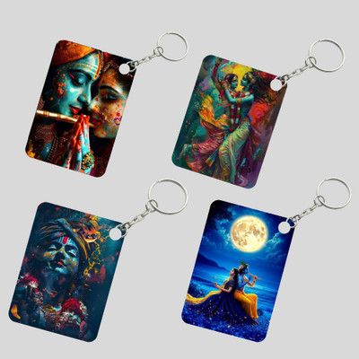 DFLEXPRINTS Premium lord Krishna and Radha art Mdf Keychain 4pcs Key Chain
