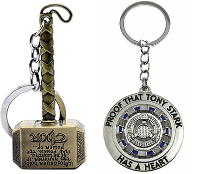 Mistazzo Thor Hammer and Ironman Tony Stark Rotating Arc Reactor Metal Keychain Pack Of 2 Key Chain