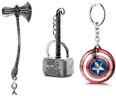Mistazzo Thor Hammer Axe And Captain America Revolving Shield Keyring For Boys Girls Kids Key Chain