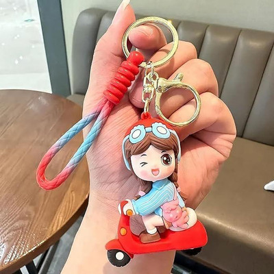 K C Cute Girl on Red Scooter Keychain & Keyring with Charm Key Chain