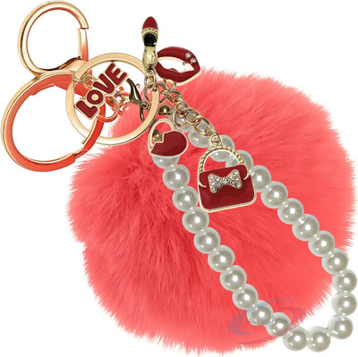 iAccessories Coral Faux Fur Ball Pom Pom Pearl Keychain Charm for Girls Bags & Purse Key Chain