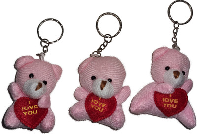 Meeko.com Teddy Toy with Holding Heart Shape and I Love You Text | Pack of 3 | Pink Color Key Chain