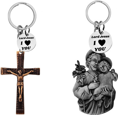 M Men Style Jesus cross and Saint Joseph with Child Jesus Keychains Com665-637 Key Chain