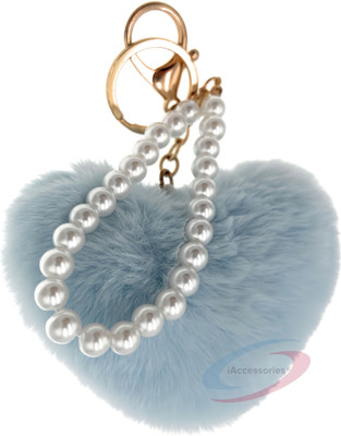 iAccessories Fluffy Faux Fur Pearl Heart Pom Pom Charm Keyring for Girls Bags Bike Car Key Chain