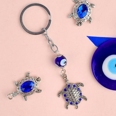 Satvik 1 Pc Blue Bead Silver Evil Eye Turtle with Blue Beads and Evil Eye Key Chain