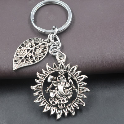 AFH Lord Gajanan Ganesha Leaf Charm Silver keychain for Men and Women Key Chain