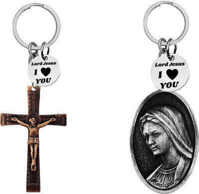 M Men Style Jesus cross and Virgin Mary medallion Keychains SKeyCom665-643 Key Chain