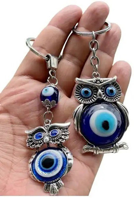 Lenity Combo Offer Owl Shape Blue and Silver Evil Eye Keychain For Bike/Car Key Chain