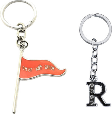 Newview R Alphabet Jai Shree Ram Flag Metal Keychain and Keyring (Orange) Key Chain