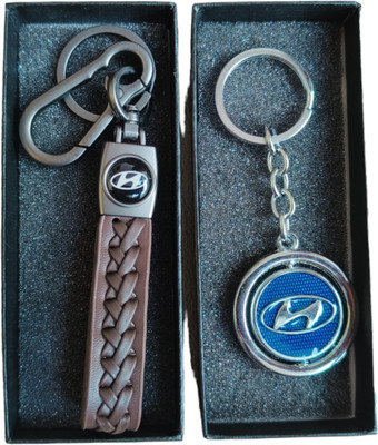 JNV Brown Leather And Metal Keychain Compatible With HYUNDAI Cars (Pack Of 2) Key Chain