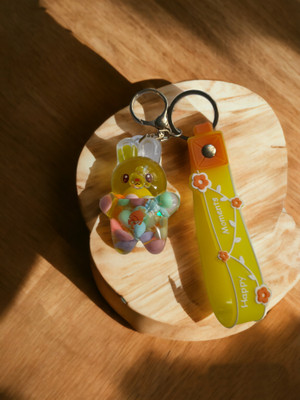 VSS Water Glitter Teddy design Glass keychain with Strap for girls and women -Yellow Key Chain