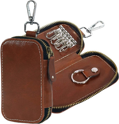 STORITE PU Leather Key Pouch Wallet Keychain Key Holder with 6 Hooks Zipper Closure Key Chain