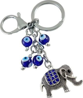 SGE89 Evil Eye Elephant KeyRing Blue Bells Turkish Bead Metal Symbol of Protection Key Chain