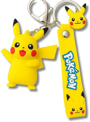 NIXSTAR Cute 3D Pikachu Figure with Yellow Strap & Logo Charm for Fans Key Chain