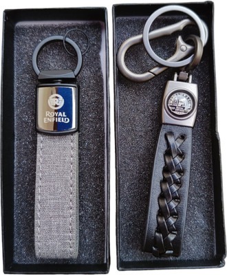 JNV Black And Grey Leather Keychain Compatible With ROYAL ENFIELD Bikes (Pack Of 2) Key Chain