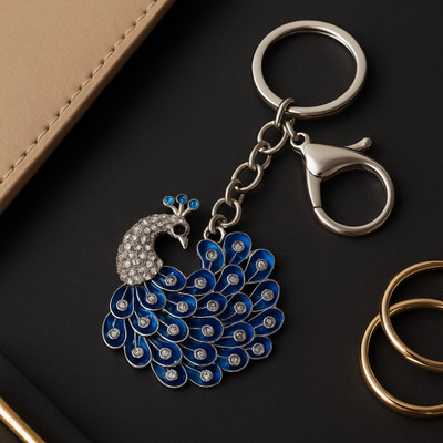 Go Vrinda Studio GVS Luxury Peacock Blue Keychain | Premium AD Diamond | Car, Bike & Home Key Chain