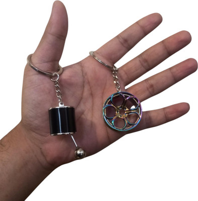 YOURKARTS.COM Metal Keychain Set of 2 Small Car Tyre Rim, Disc Brake, Turbo, & Gearbox Design Key Chain