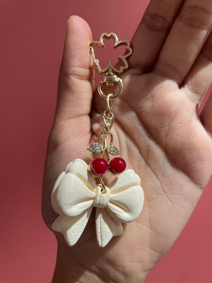 kuldevi WHITE Elegant Bow & Cherry Charm Keychain – Cute Bag Accessory Key Chain