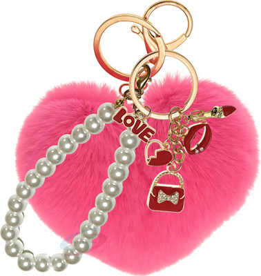 iAccessories Hot Pink Heart Faux Fur Pearl Pom Pom Keychain for Girls’ Bags & Wallets Key Chain