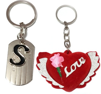 Meeko.com Alphabet S Metal with red LOVE heart key ring for Car Bike Men Women S Key Chain