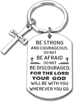 M Men Style Religious Cross Be Strong And Courageous Joshua 1.9 Silver Steel Keychain KeyS6 Key Chain