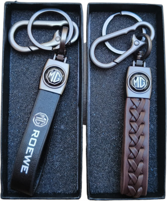 MYV Black And Brown Leather Keychain Compatible With MG Hector Car Key Chain