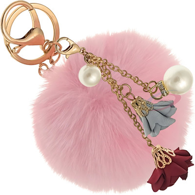 iAccessories Fluffy Faux Fur Pompom Pearl Flower Charm Keyring for Girls Bags Scooty Bike Car Key Chain