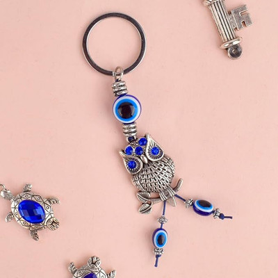 Satvik Elegant Lucky Owl Keychain with Blue Beads Evil Eye Key Chain