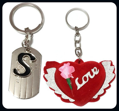 Meeko.com Alphabet S Metal with red LOVE heart key ring for Car Bike Men Women S-A Key Chain